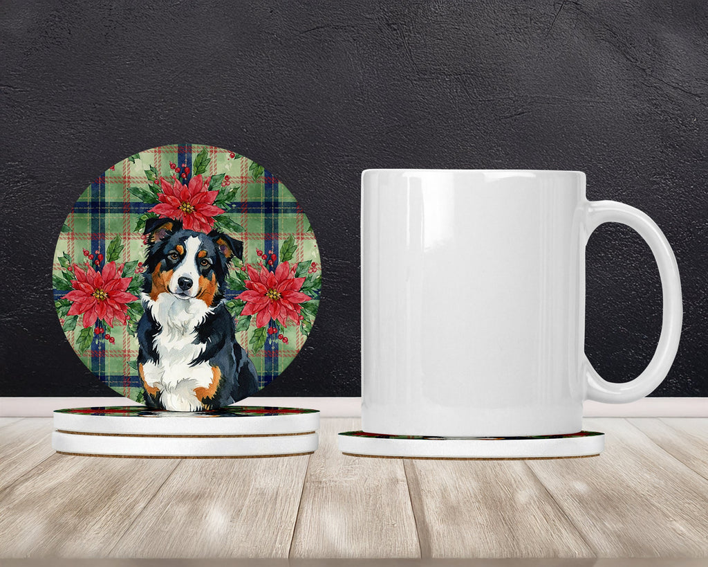 Black Tri American Shepherd Christmas PoinsettIas Large Sandstone Coasters Pack of 4 Absorbent Round Coasters Decor Gifts for Men or Women, 4 in, Multicolor