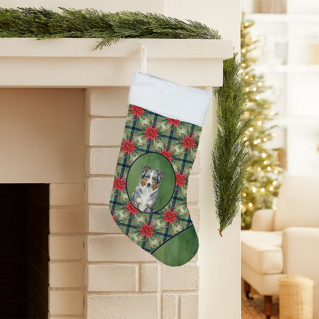 Blue Merle American Shepherd Christmas PoinsettIas Holiday Stocking Double-Sided Print, Polyester Suede,11x18, Made in USA