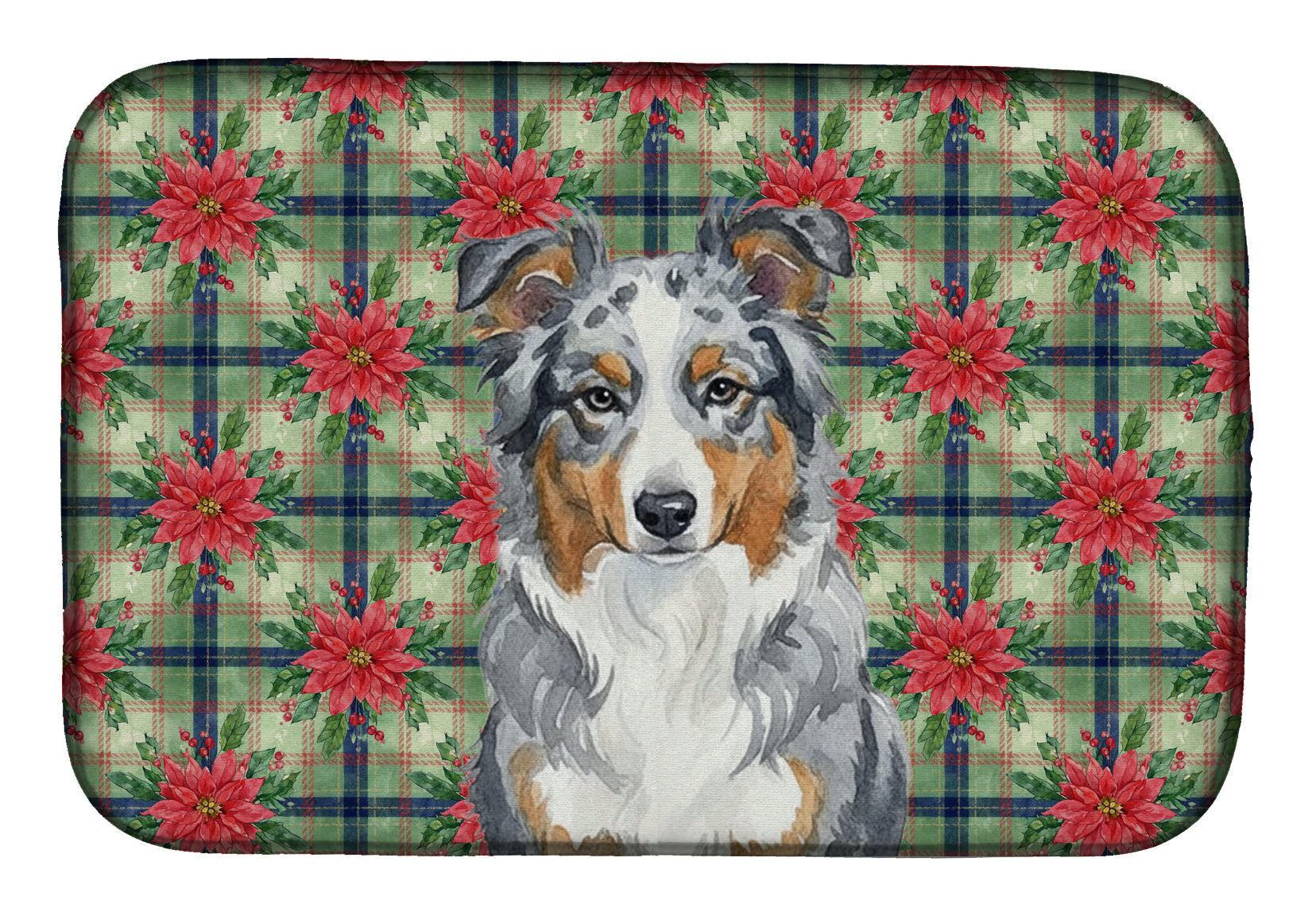 Blue Merle American Shepherd Christmas PoinsettIas Dish Drying Mat Absorbent Dish Drying Mat Pad for Kitchen Counter Dish Drainer Mat for Countertop, 14 x 21", Multicolor