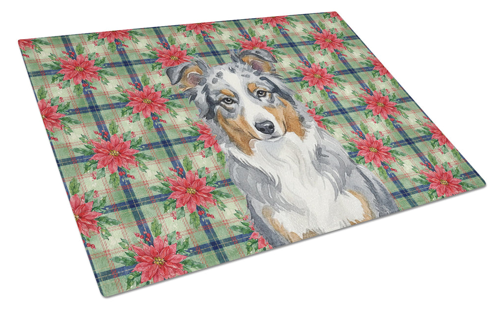 Blue Merle American Shepherd Christmas PoinsettIas Cutting Board Tempered Glass Kitchen Cutting Surface, Heat Resistant Chopping, Non-Slip Feet, Food Prep & Serving