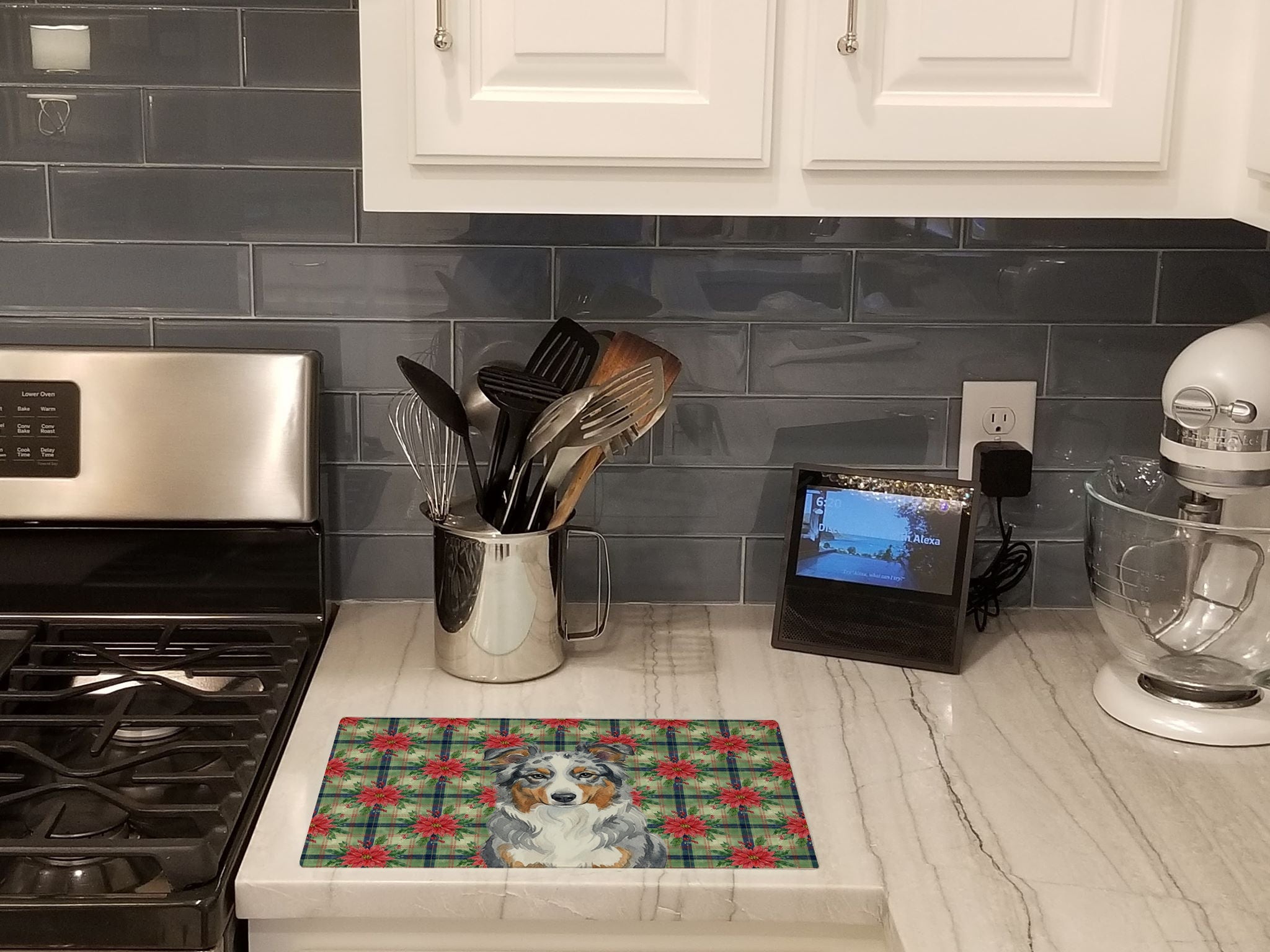Blue Merle American Shepherd Christmas PoinsettIas Cutting Board Tempered Glass Kitchen Cutting Surface, Heat Resistant Chopping, Non-Slip Feet, Food Prep & Serving