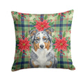 Blue Merle American Shepherd Christmas PoinsettIas Decorative Throw Pillow 14x14 Indoor Outdoor Accent Cushion, Fabric Cover with Insert for Sofa, Bed, Porch & Living Room