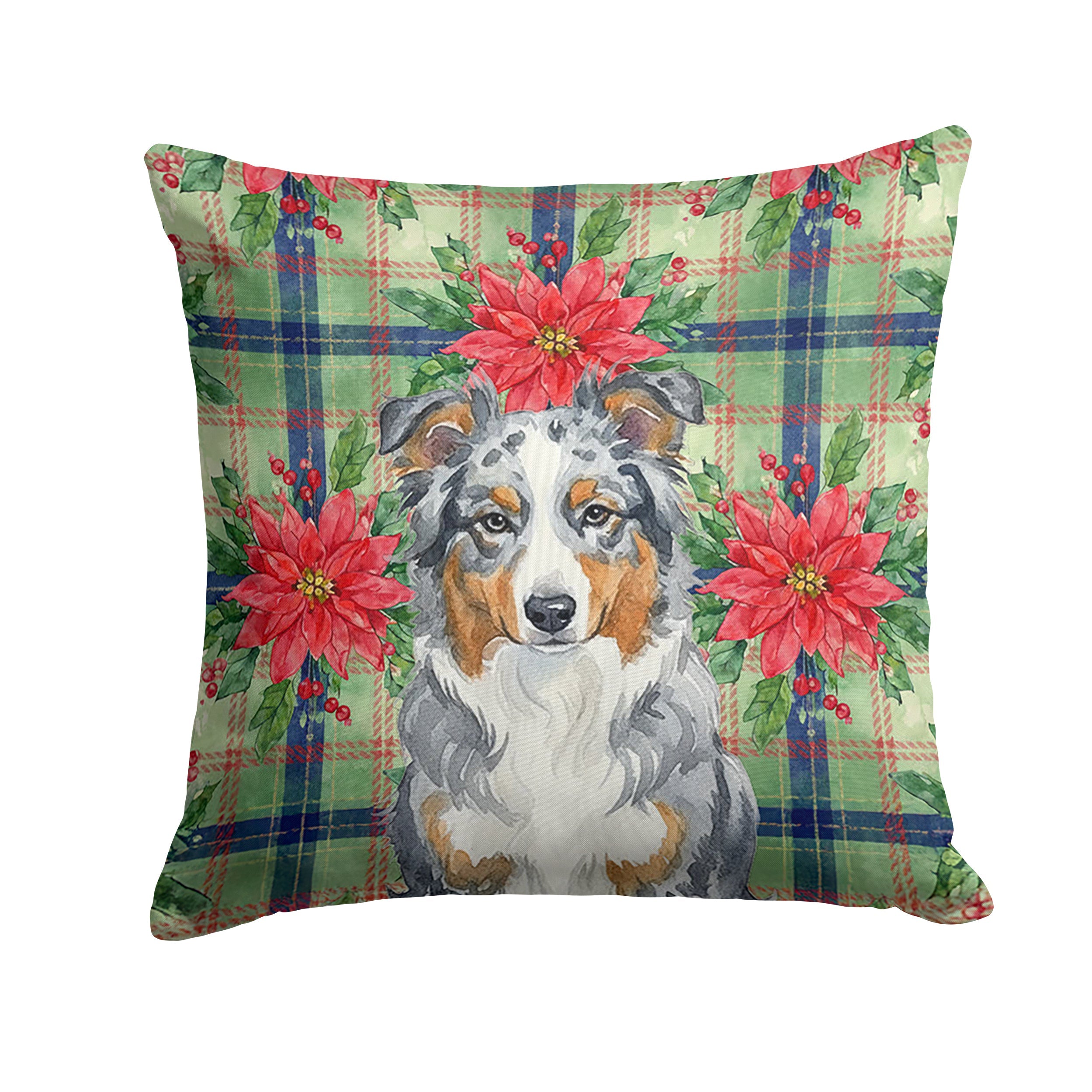 Blue Merle American Shepherd Christmas PoinsettIas Decorative Throw Pillow 14x14 Indoor Outdoor Accent Cushion, Fabric Cover with Insert for Sofa, Bed, Porch & Living Room