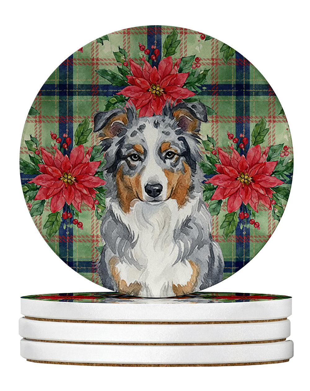 Blue Merle American Shepherd Christmas PoinsettIas Large Sandstone Coasters Pack of 4 Absorbent Round Coasters Decor Gifts for Men or Women, 4 in, Multicolor