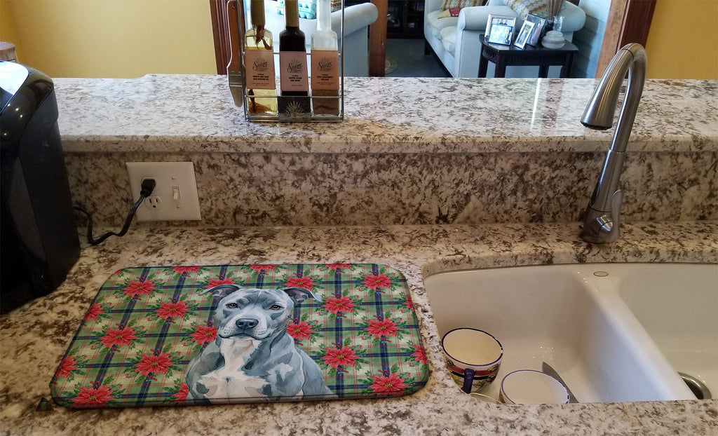 Blue American Staffordshire Terrier Christmas PoinsettIas Dish Drying Mat Absorbent Dish Drying Mat Pad for Kitchen Counter Dish Drainer Mat for Countertop, 14 x 21", Multicolor