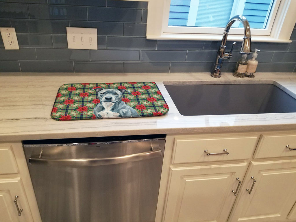 Blue American Staffordshire Terrier Christmas PoinsettIas Dish Drying Mat Absorbent Dish Drying Mat Pad for Kitchen Counter Dish Drainer Mat for Countertop, 14 x 21", Multicolor