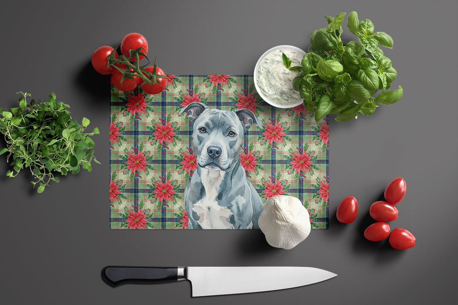 Blue American Staffordshire Terrier Christmas PoinsettIas Cutting Board Tempered Glass Kitchen Cutting Surface, Heat Resistant Chopping, Non-Slip Feet, Food Prep & Serving