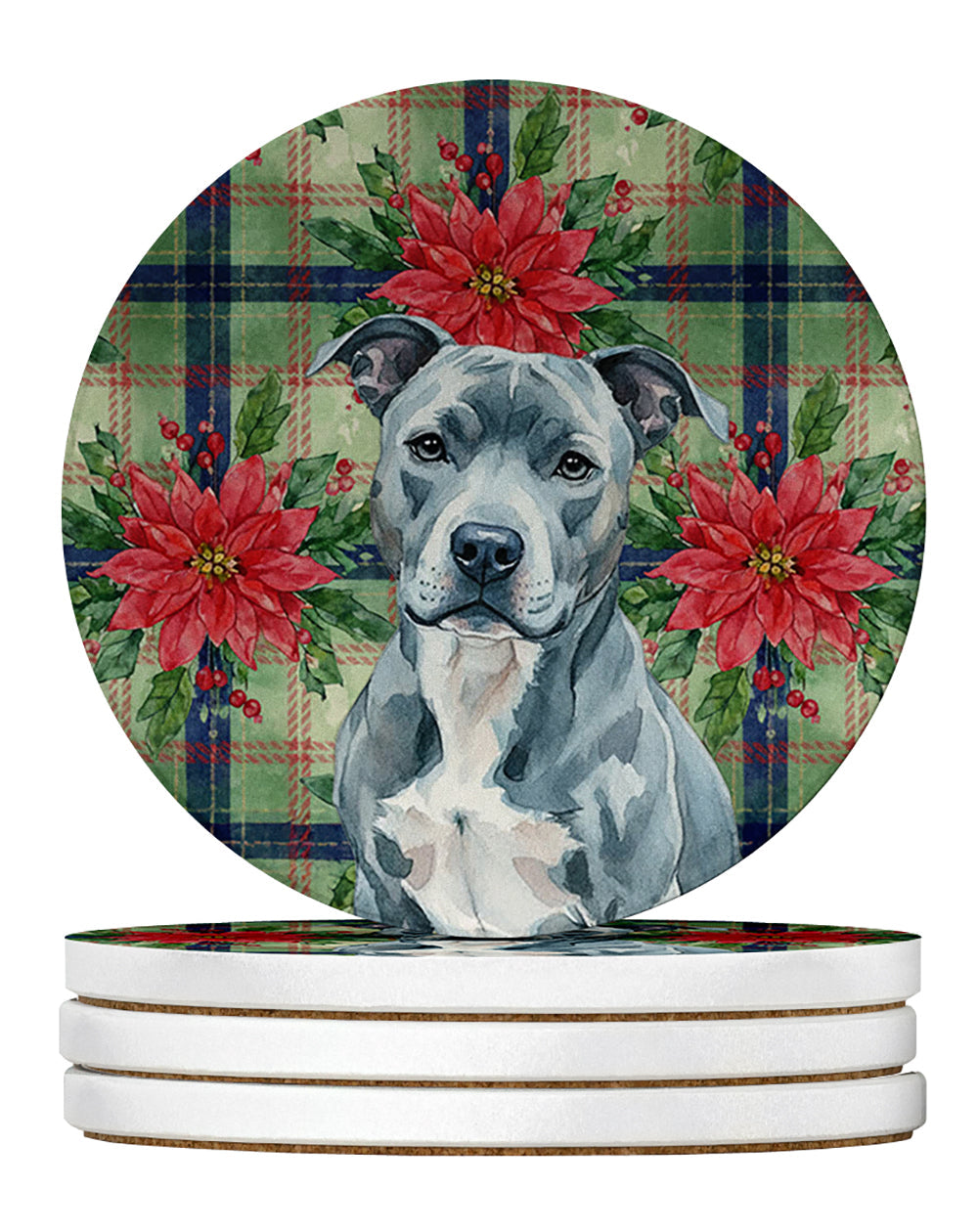 Blue American Staffordshire Terrier Christmas PoinsettIas Large Sandstone Coasters Pack of 4 Absorbent Round Coasters Decor Gifts for Men or Women, 4 in, Multicolor