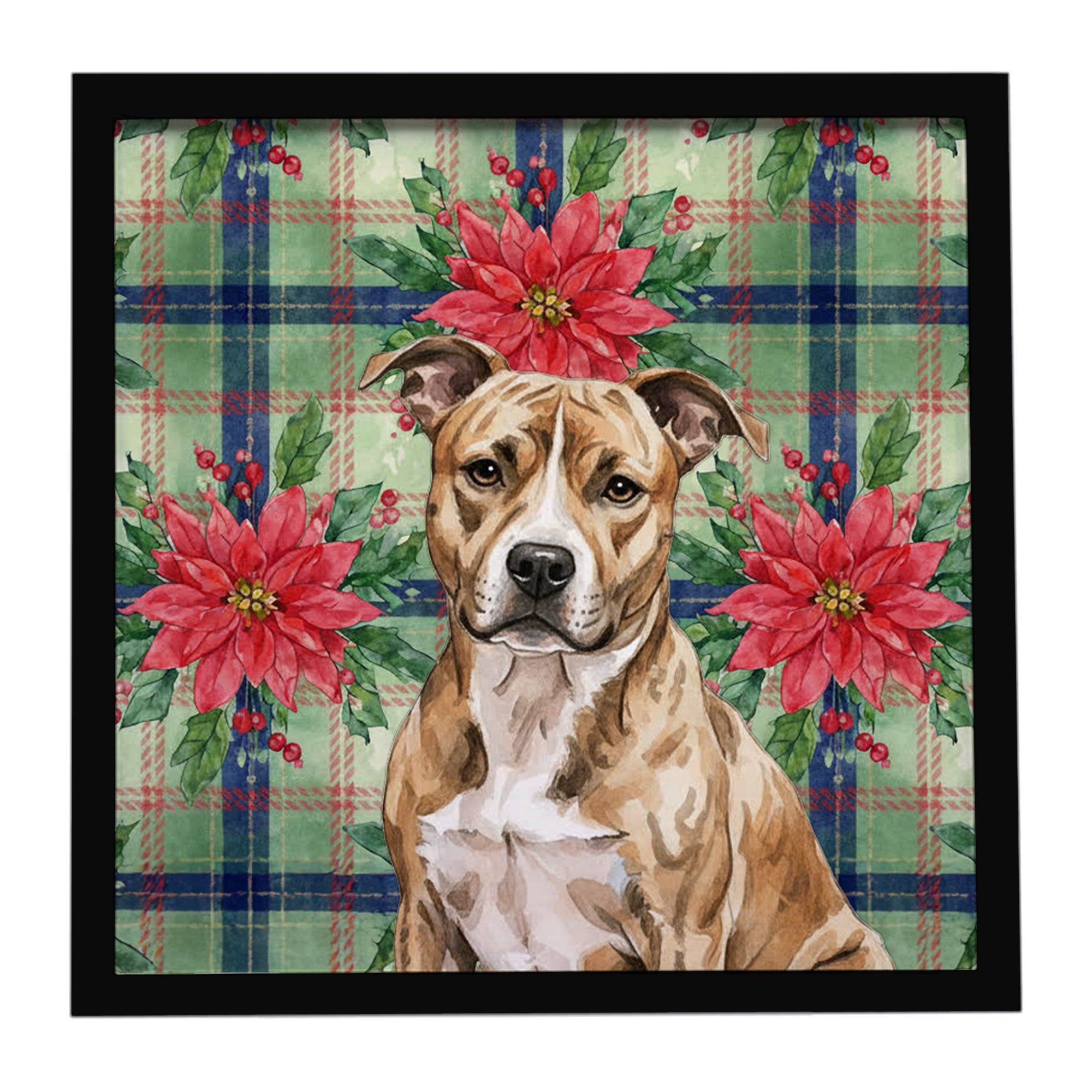 Brindle American Staffordshire Terrier Christmas PoinsettIas Framed Metal Print Bathroom, Kitchen, Office, Home Decor Wall Art Ready to Hang, Square, 8X8