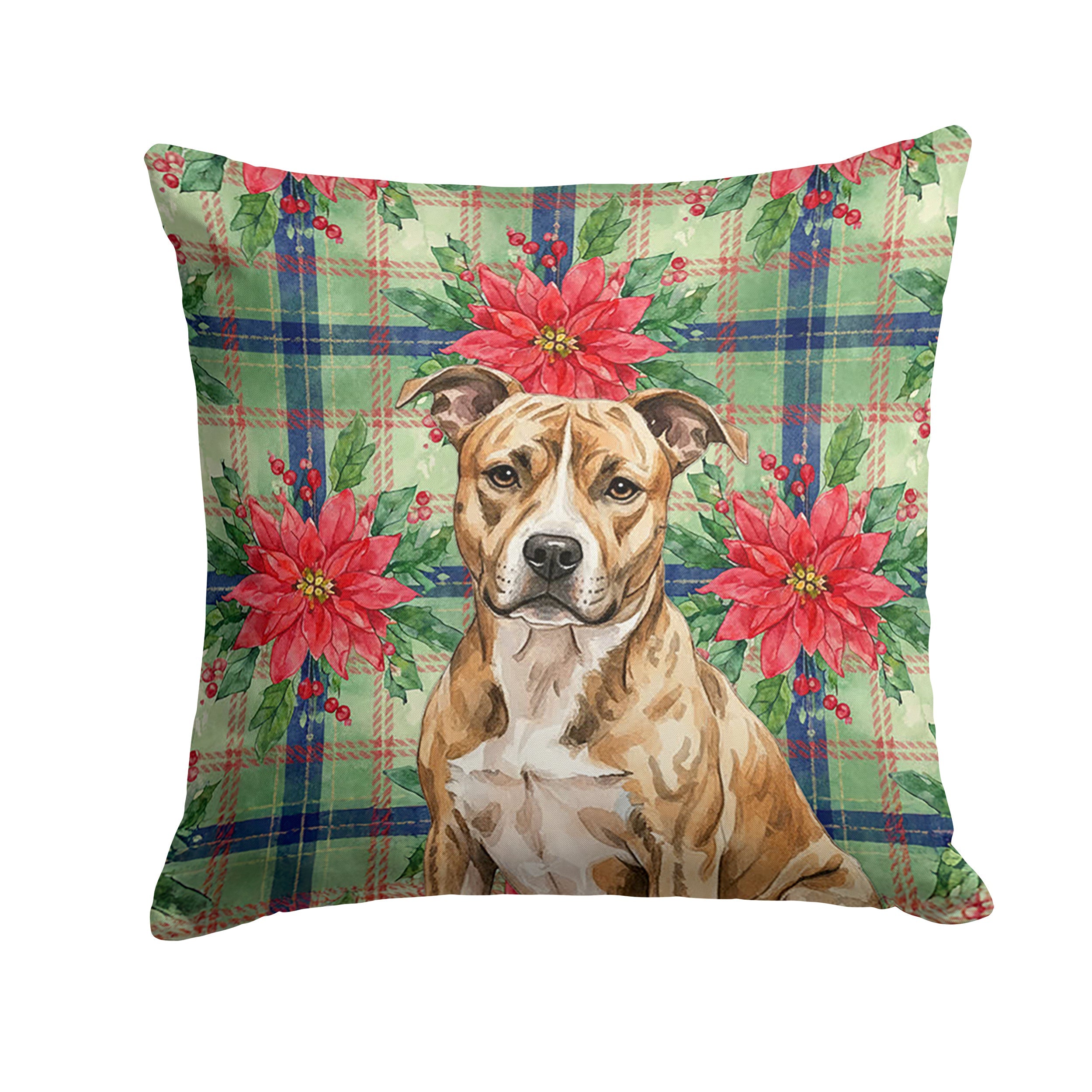 Brindle American Staffordshire Terrier Christmas PoinsettIas Decorative Throw Pillow 18x18 Indoor Outdoor Accent Cushion, Fabric Cover with Insert for Sofa, Bed, Porch & Living Room