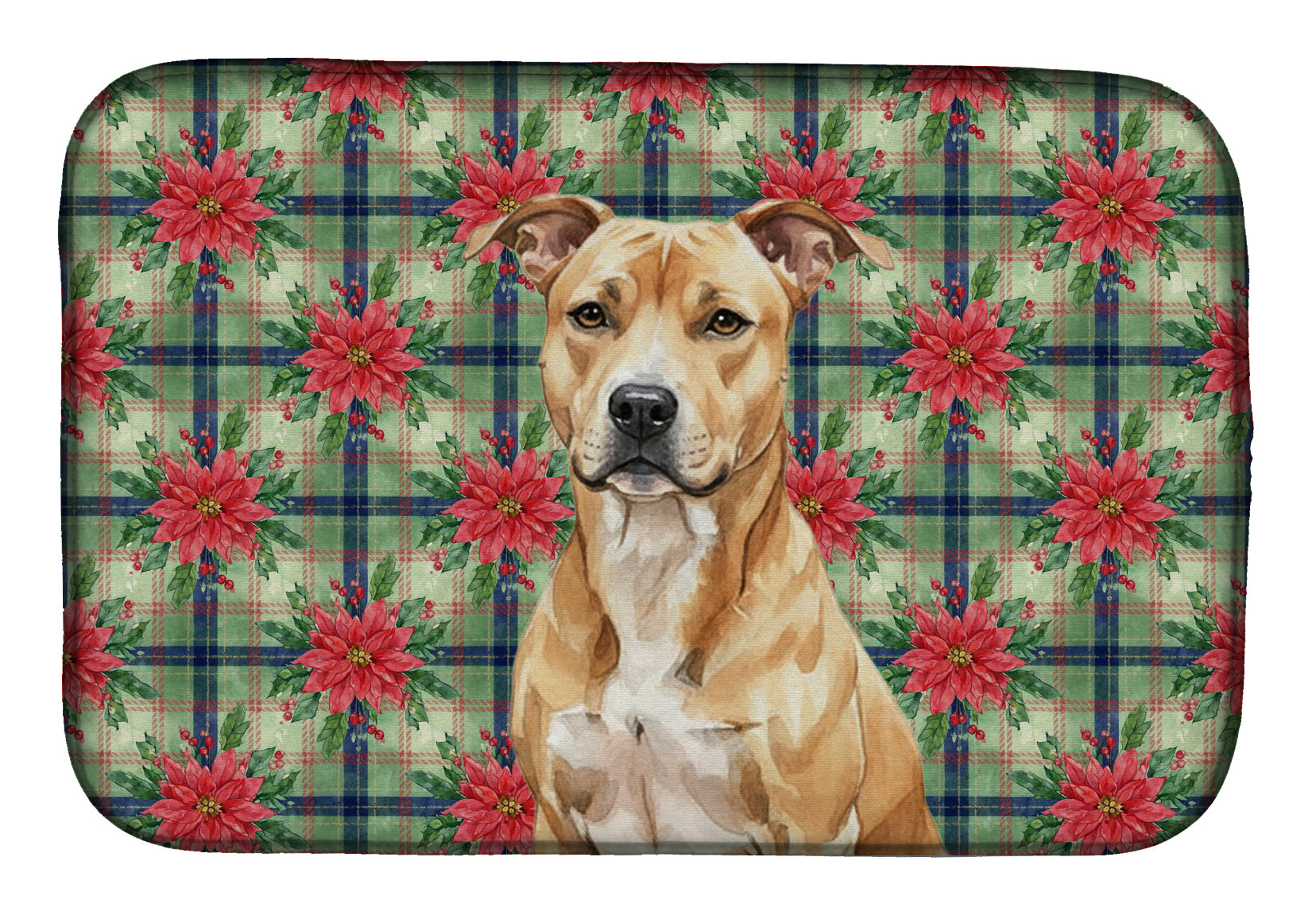 Fawn American Staffordshire Terrier Christmas PoinsettIas Dish Drying Mat Absorbent Dish Drying Mat Pad for Kitchen Counter Dish Drainer Mat for Countertop, 14 x 21", Multicolor