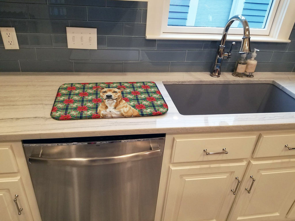 Fawn American Staffordshire Terrier Christmas PoinsettIas Dish Drying Mat Absorbent Dish Drying Mat Pad for Kitchen Counter Dish Drainer Mat for Countertop, 14 x 21", Multicolor