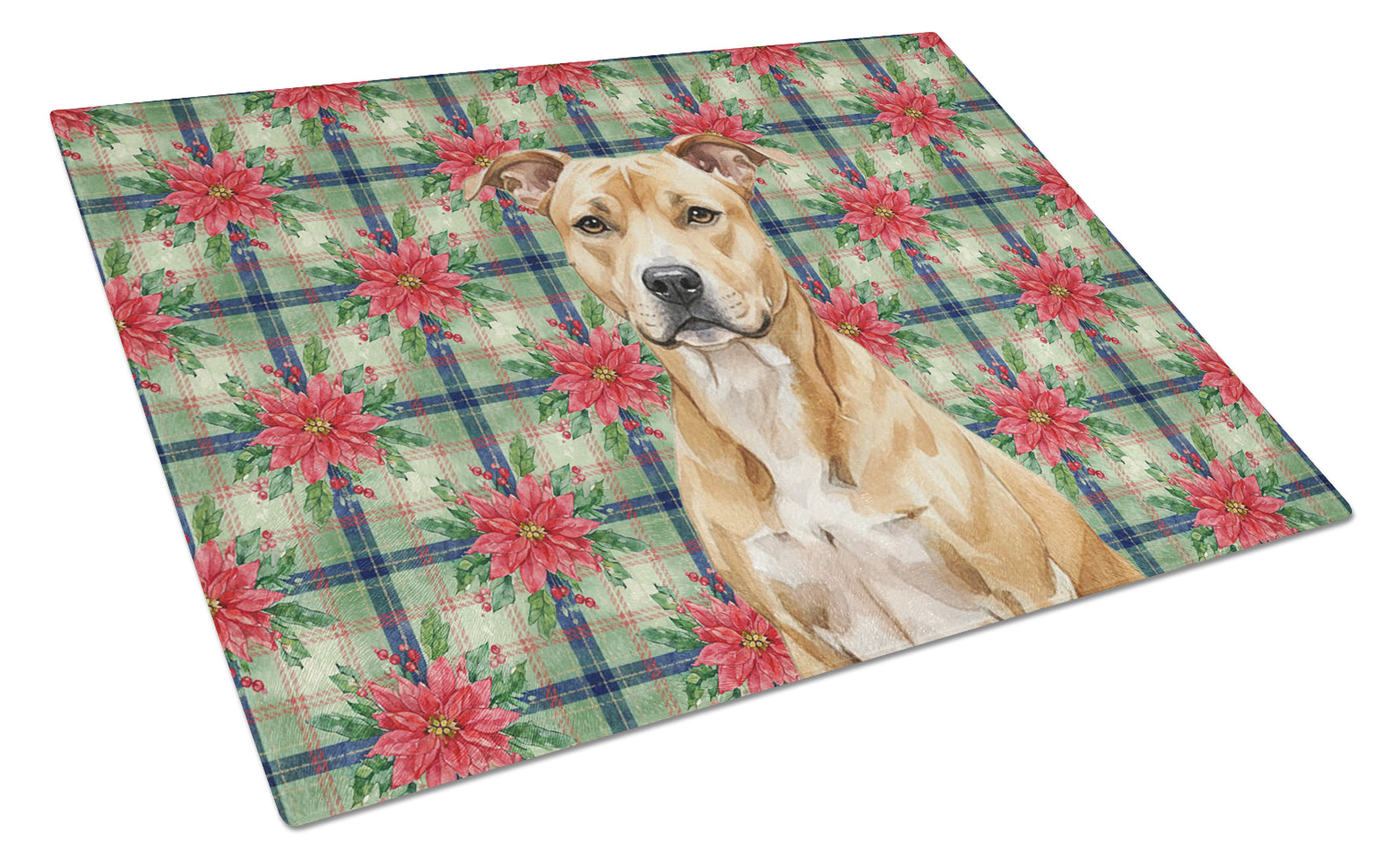Fawn American Staffordshire Terrier Christmas PoinsettIas Cutting Board Tempered Glass Kitchen Cutting Surface, Heat Resistant Chopping, Non-Slip Feet, Food Prep & Serving