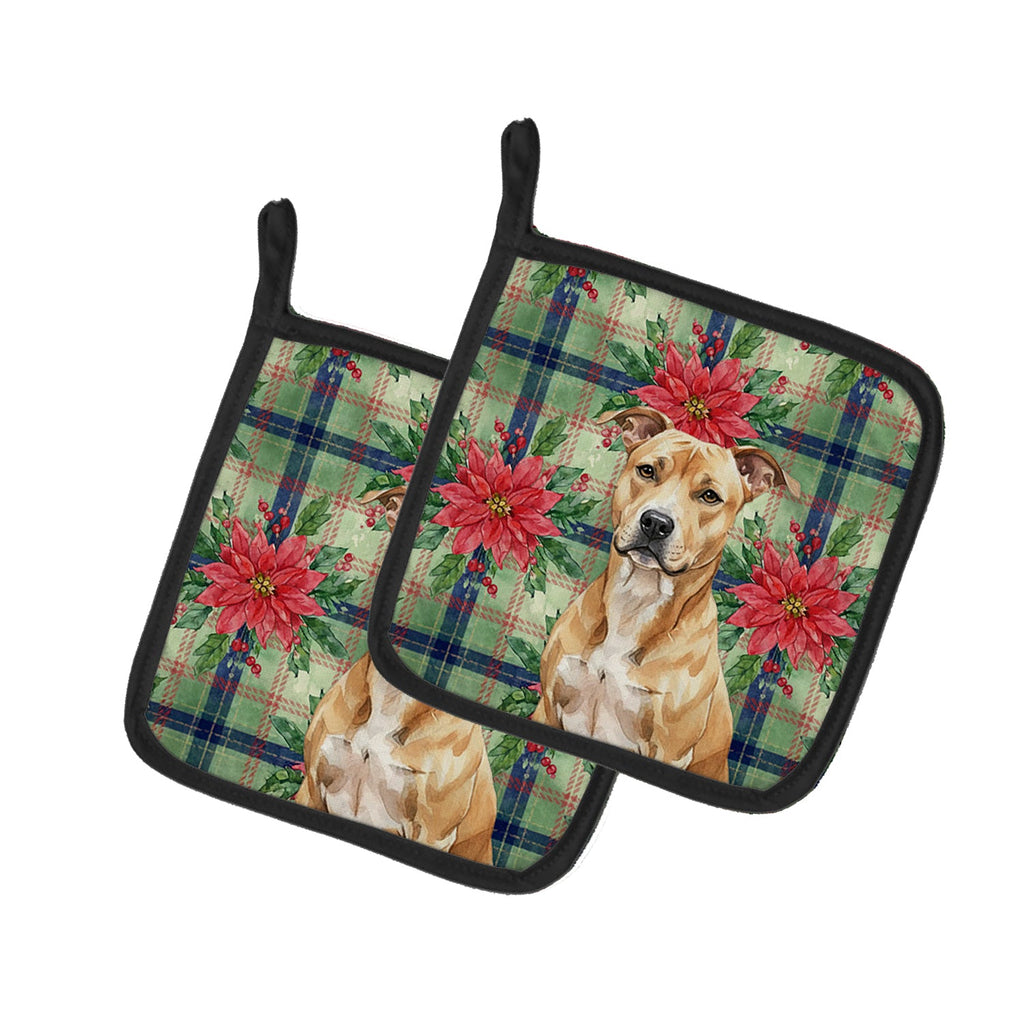 Fawn American Staffordshire Terrier Christmas PoinsettIas Pot Holder Set of 2 Heat Resistant Quilted Hot Pads 7.5 x 7.5 Inch, Insulated Kitchen Trivets for Cooking & Baking