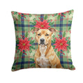Fawn American Staffordshire Terrier Christmas PoinsettIas Decorative Throw Pillow 14x14 Indoor Outdoor Accent Cushion, Fabric Cover with Insert for Sofa, Bed, Porch & Living Room