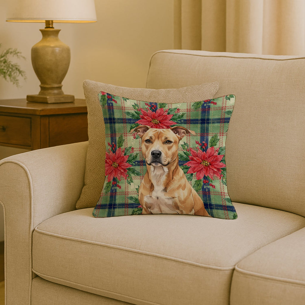 Fawn American Staffordshire Terrier Christmas PoinsettIas Decorative Throw Pillow 18x18 Indoor Outdoor Accent Cushion, Fabric Cover with Insert for Sofa, Bed, Porch & Living Room