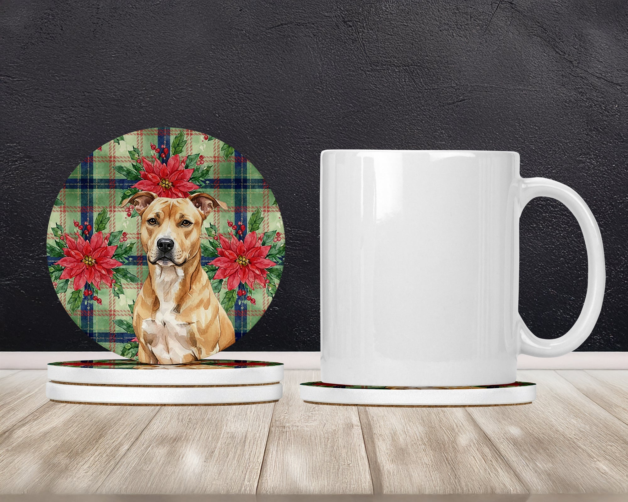 Fawn American Staffordshire Terrier Christmas PoinsettIas Large Sandstone Coasters Pack of 4 Absorbent Round Coasters Decor Gifts for Men or Women, 4 in, Multicolor