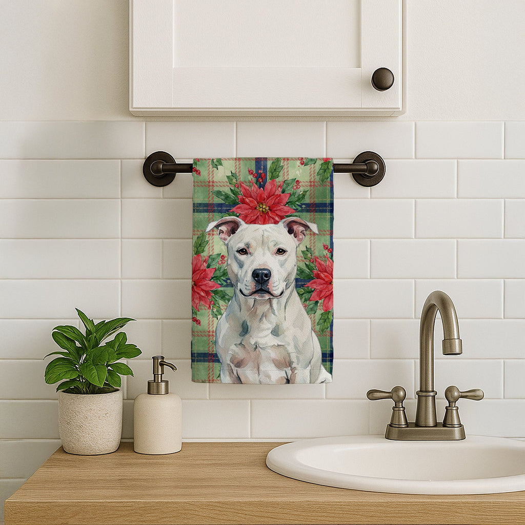 White American Staffordshire Terrier Christmas PoinsettIas Kitchen Towel Velour Plush Front and Cotton Loop Back Machine Washable