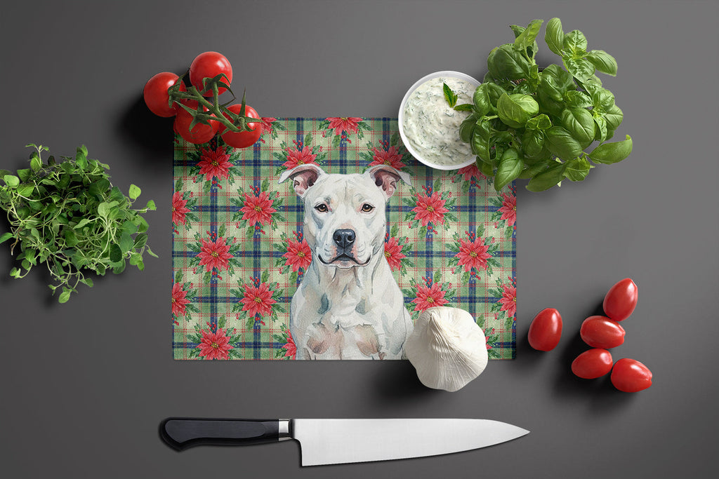 White American Staffordshire Terrier Christmas PoinsettIas Cutting Board Tempered Glass Kitchen Cutting Surface, Heat Resistant Chopping, Non-Slip Feet, Food Prep & Serving