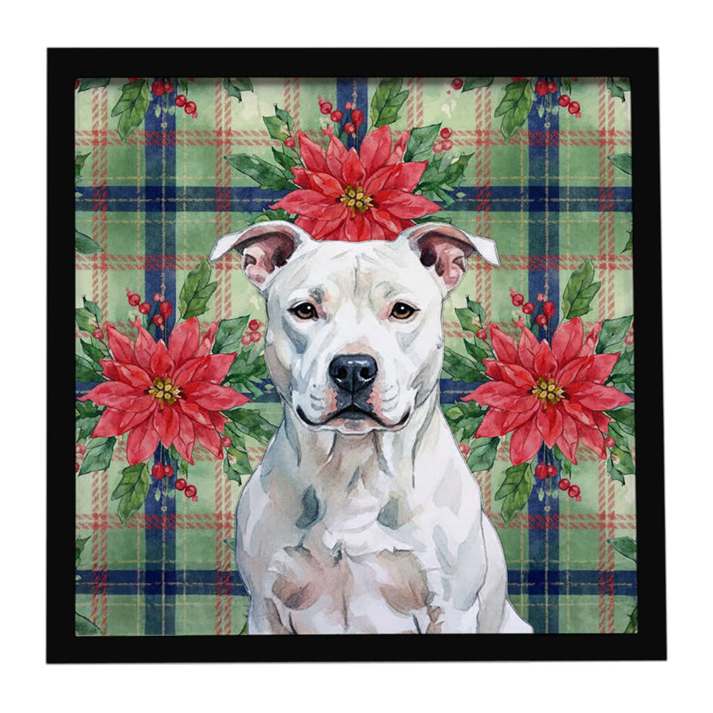 White American Staffordshire Terrier Christmas PoinsettIas Framed Metal Print Bathroom, Kitchen, Office, Home Decor Wall Art Ready to Hang, Square, 8X8