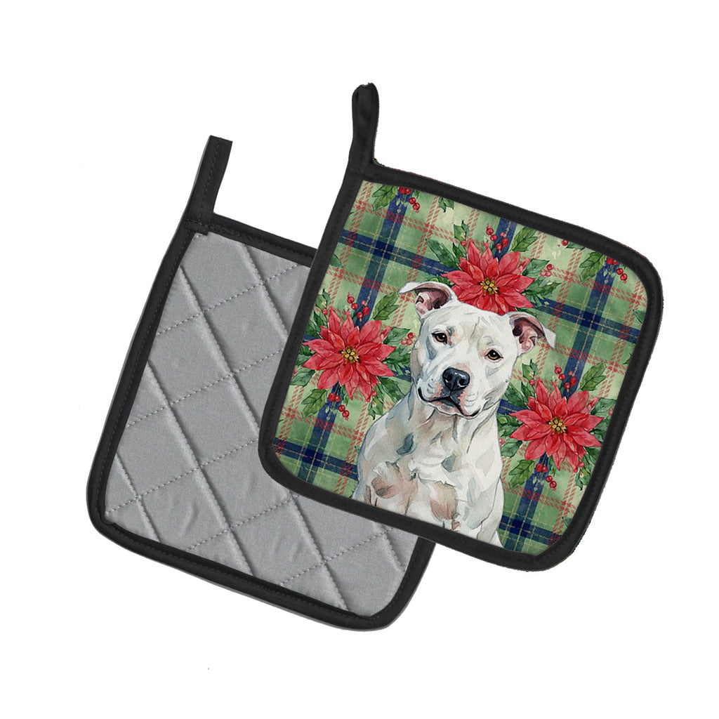 White American Staffordshire Terrier Christmas PoinsettIas Pot Holder Set of 2 Heat Resistant Quilted Hot Pads 7.5 x 7.5 Inch, Insulated Kitchen Trivets for Cooking & Baking