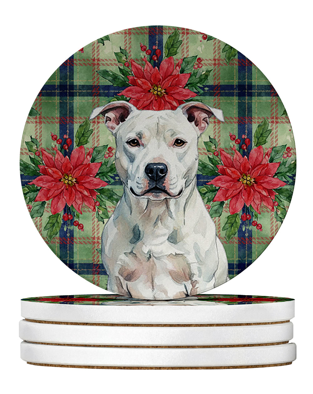 White American Staffordshire Terrier Christmas PoinsettIas Large Sandstone Coasters Pack of 4 Absorbent Round Coasters Decor Gifts for Men or Women, 4 in, Multicolor