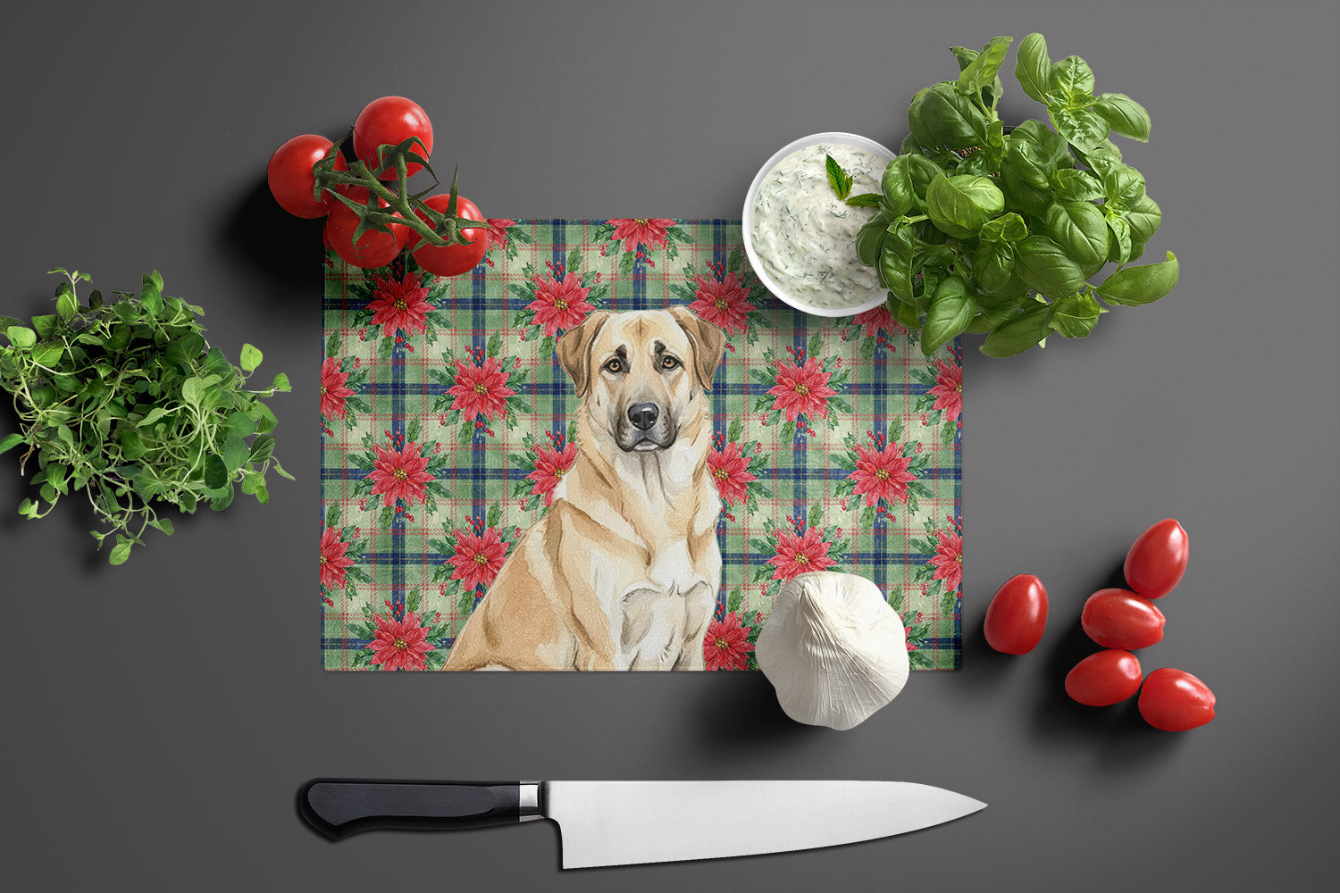 Anatolian Shepherd Dog Christmas PoinsettIas Cutting Board Tempered Glass Kitchen Cutting Surface, Heat Resistant Chopping, Non-Slip Feet, Food Prep & Serving