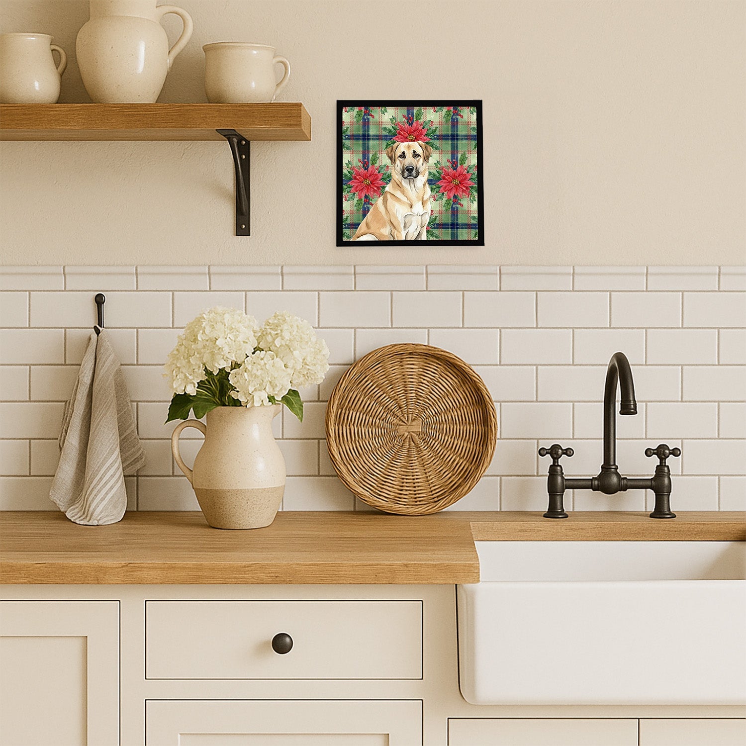 Anatolian Shepherd Dog Christmas PoinsettIas Framed Metal Print Bathroom, Kitchen, Office, Home Decor Wall Art Ready to Hang, Square, 8X8