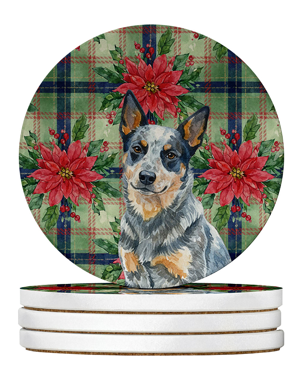 Blue Heeler Australian Cattle Dog Christmas PoinsettIas Large Sandstone Coasters Pack of 4 Absorbent Round Coasters Decor Gifts for Men or Women, 4 in, Multicolor