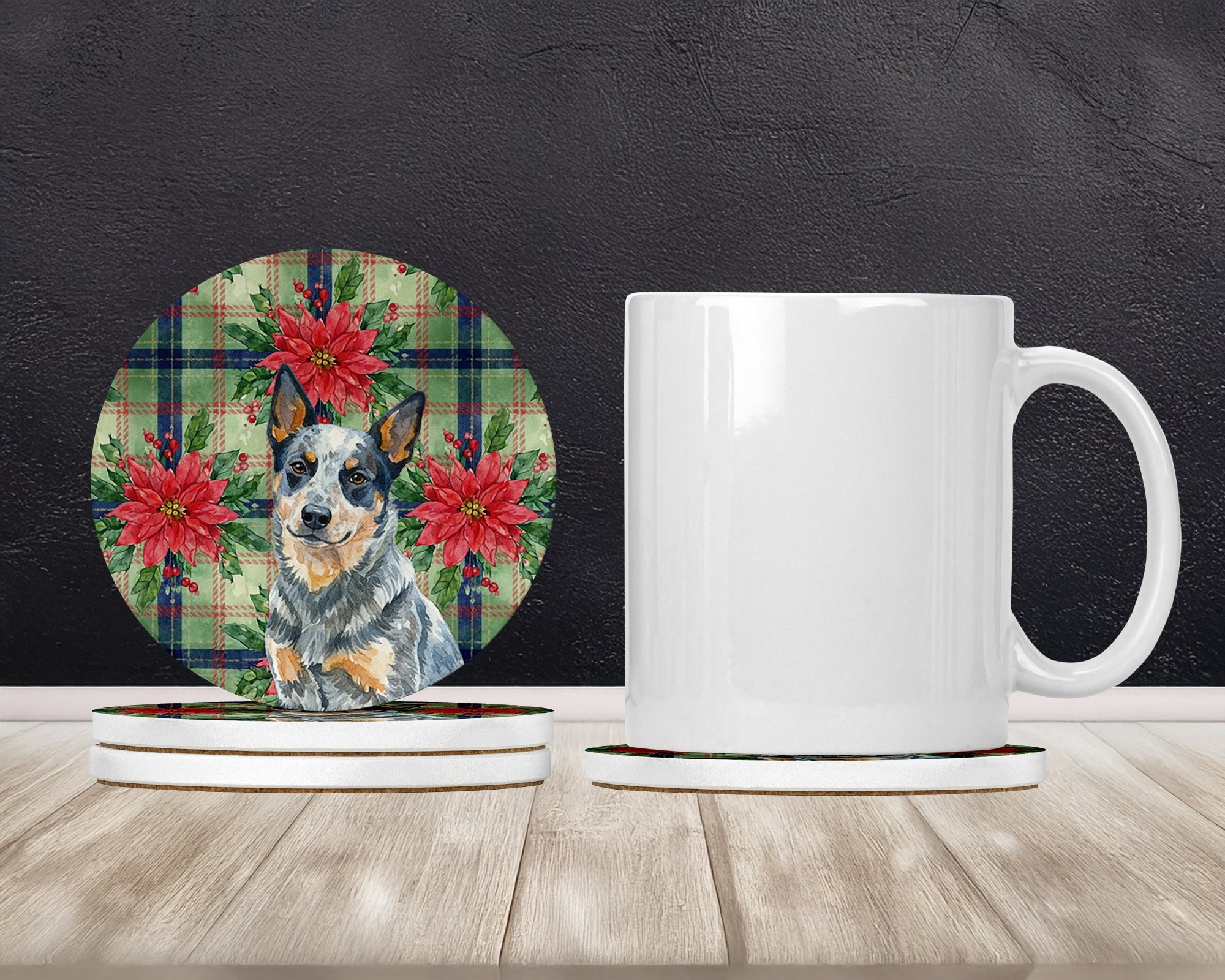Blue Heeler Australian Cattle Dog Christmas PoinsettIas Large Sandstone Coasters Pack of 4 Absorbent Round Coasters Decor Gifts for Men or Women, 4 in, Multicolor