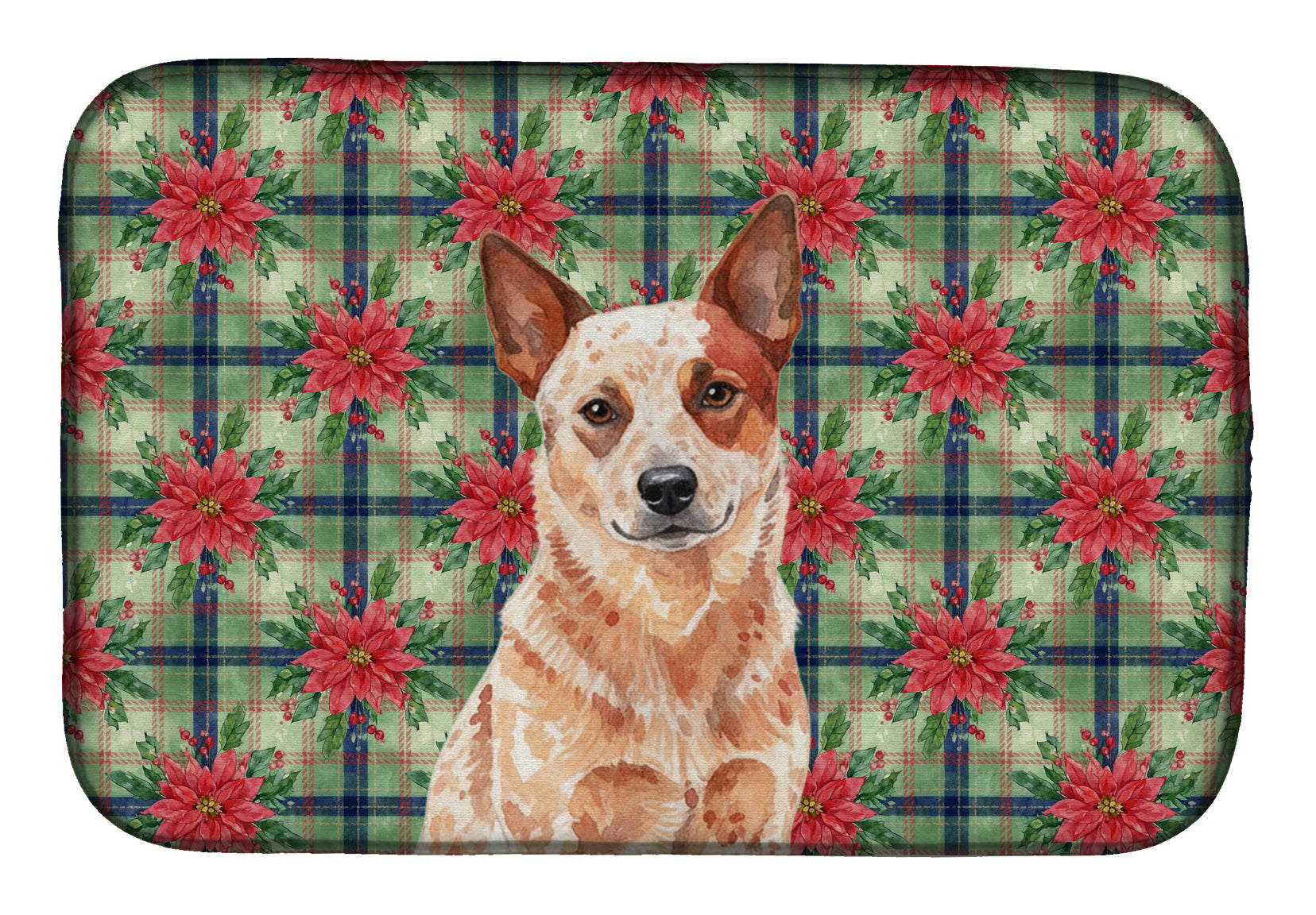 Red Heeler Australian Cattle Dog Christmas PoinsettIas Dish Drying Mat Absorbent Dish Drying Mat Pad for Kitchen Counter Dish Drainer Mat for Countertop, 14 x 21", Multicolor
