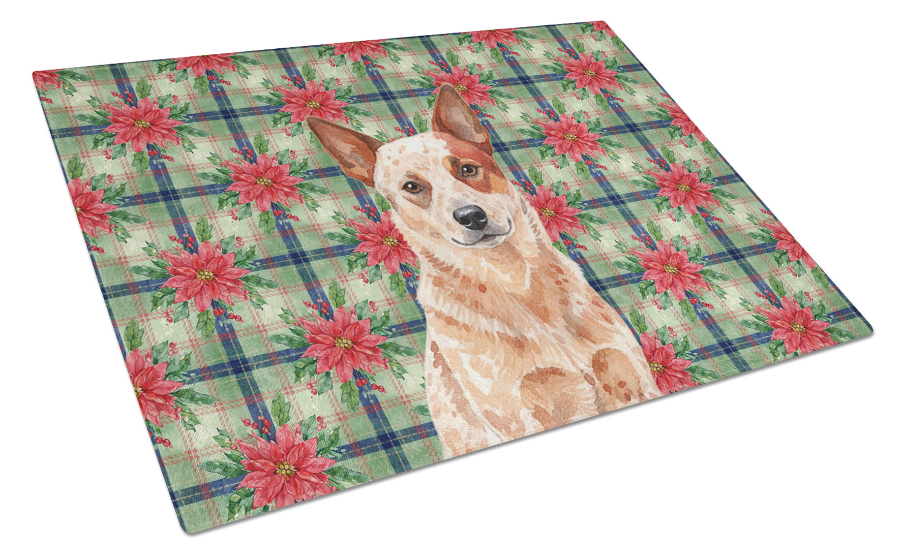 Red Heeler Australian Cattle Dog Christmas PoinsettIas Cutting Board Tempered Glass Kitchen Cutting Surface, Heat Resistant Chopping, Non-Slip Feet, Food Prep & Serving