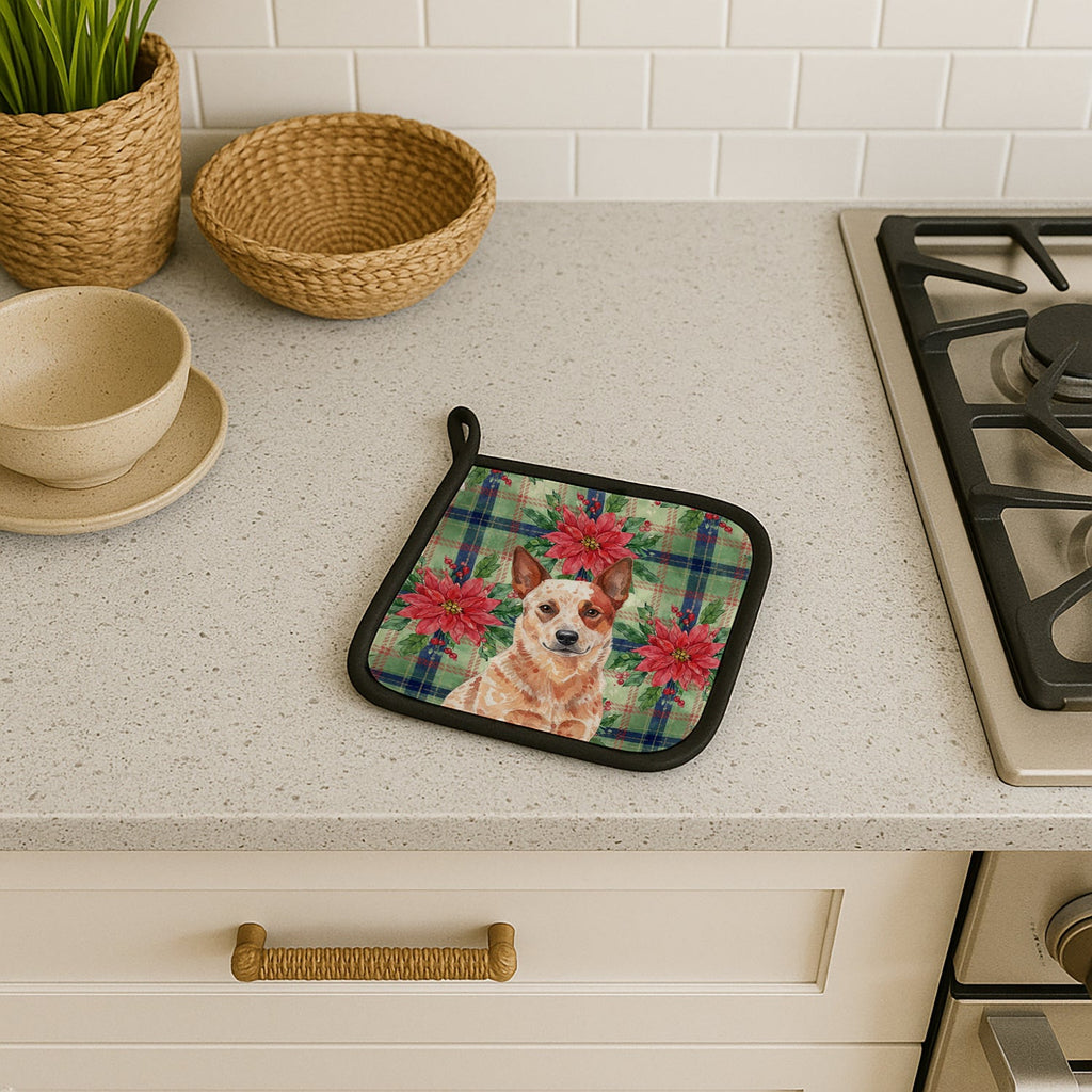 Red Heeler Australian Cattle Dog Christmas PoinsettIas Pot Holder Set of 2 Heat Resistant Quilted Hot Pads 7.5 x 7.5 Inch, Insulated Kitchen Trivets for Cooking & Baking