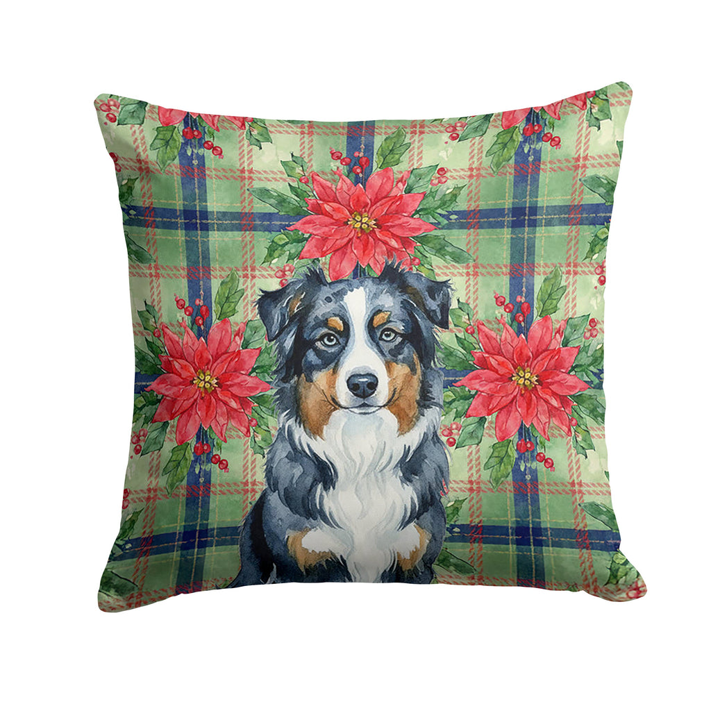 Black Australian Shepherd Christmas PoinsettIas Decorative Throw Pillow 14x14 Indoor Outdoor Accent Cushion, Fabric Cover with Insert for Sofa, Bed, Porch & Living Room