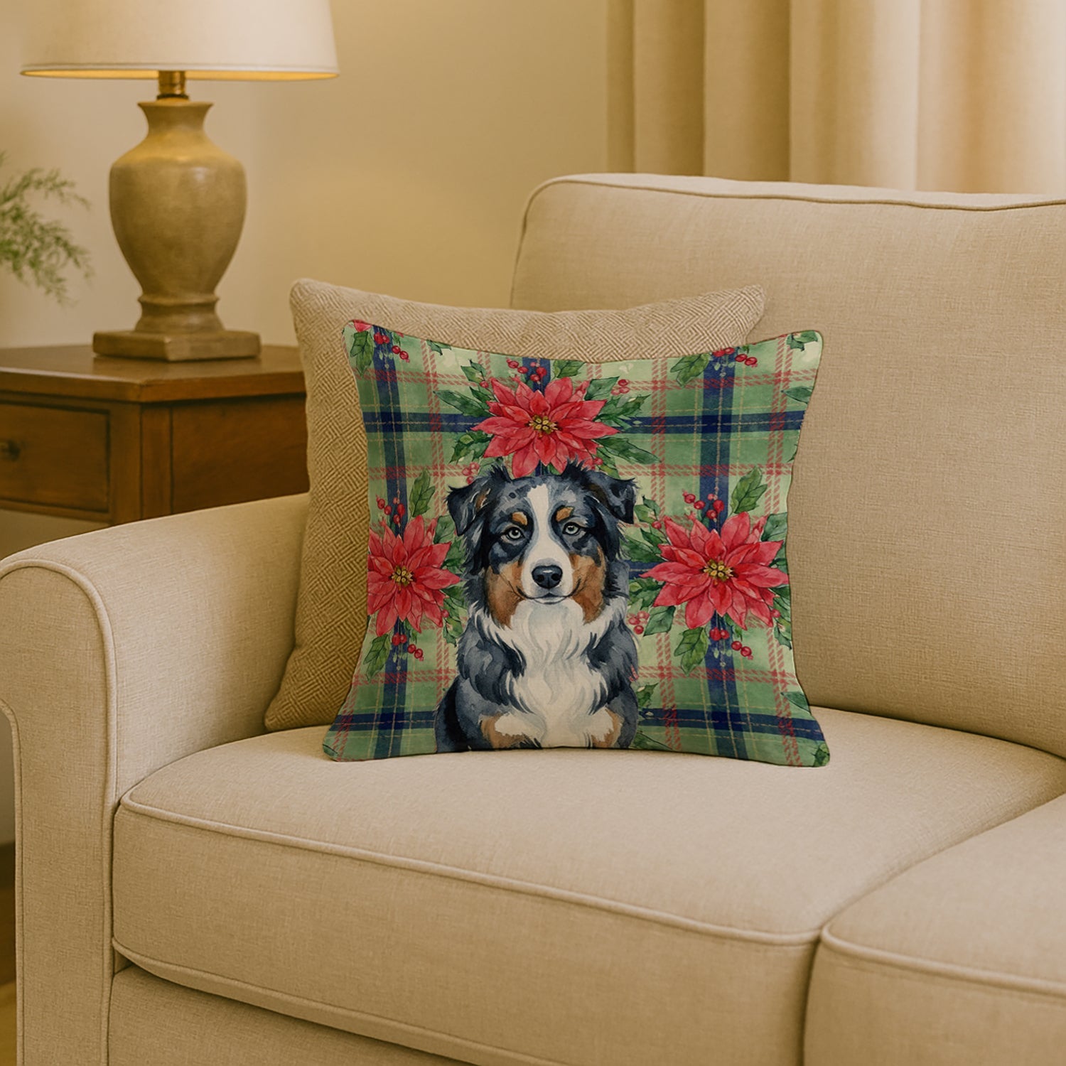 Black Australian Shepherd Christmas PoinsettIas Decorative Throw Pillow 18x18 Indoor Outdoor Accent Cushion, Fabric Cover with Insert for Sofa, Bed, Porch & Living Room