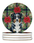 Black Australian Shepherd Christmas PoinsettIas Large Sandstone Coasters Pack of 4 Absorbent Round Coasters Decor Gifts for Men or Women, 4 in, Multicolor