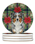 Blue Merle Australian Shepherd Christmas PoinsettIas Large Sandstone Coasters Pack of 4 Absorbent Round Coasters Decor Gifts for Men or Women, 4 in, Multicolor