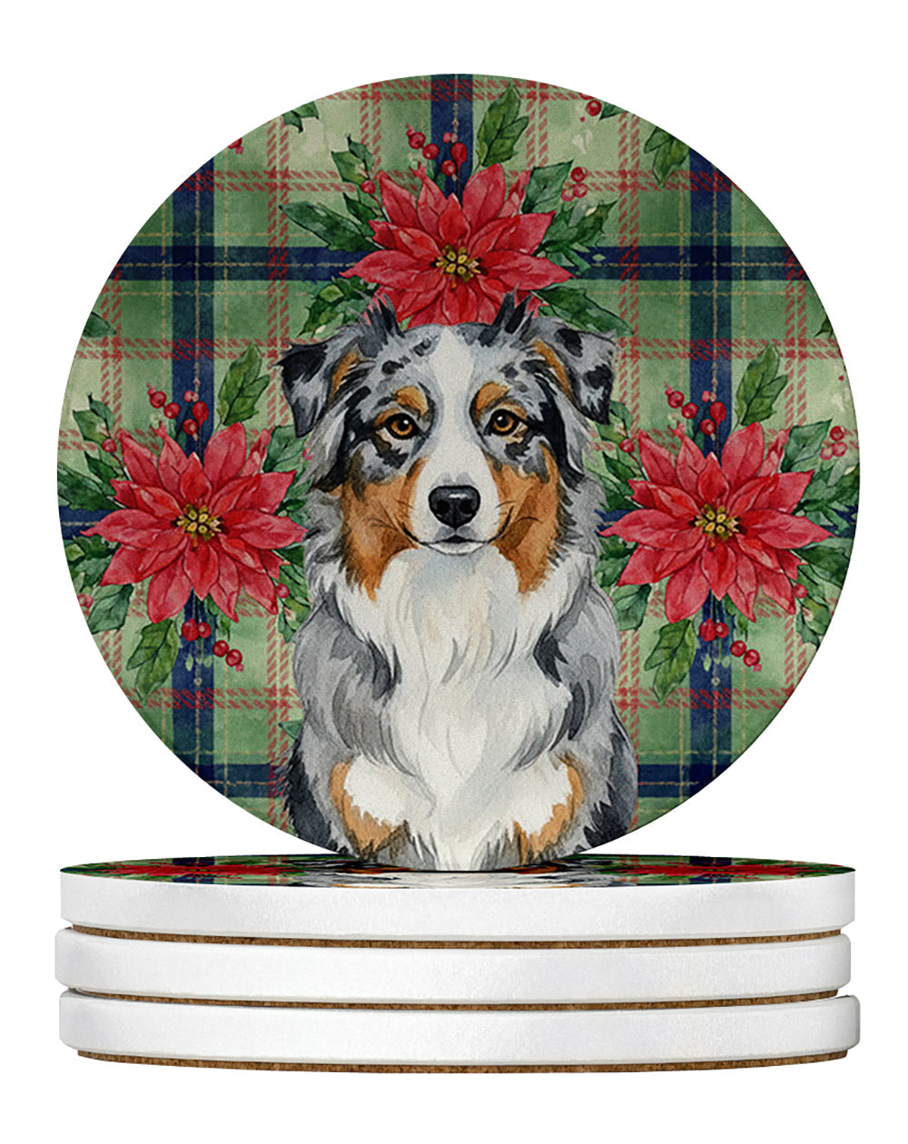 Blue Merle Australian Shepherd Christmas PoinsettIas Large Sandstone Coasters Pack of 4 Absorbent Round Coasters Decor Gifts for Men or Women, 4 in, Multicolor