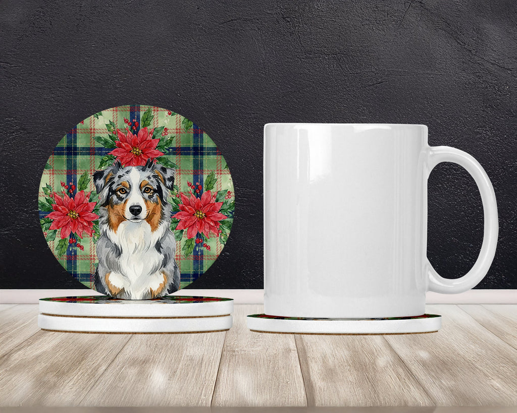Blue Merle Australian Shepherd Christmas PoinsettIas Large Sandstone Coasters Pack of 4 Absorbent Round Coasters Decor Gifts for Men or Women, 4 in, Multicolor