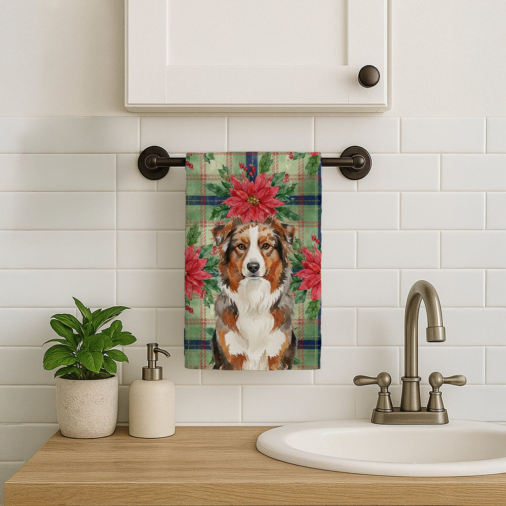Red Merle Australian Shepherd Christmas PoinsettIas Kitchen Towel Velour Plush Front and Cotton Loop Back Machine Washable
