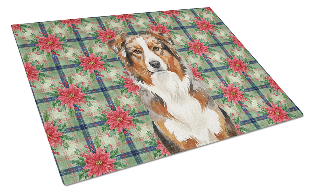 Red Merle Australian Shepherd Christmas PoinsettIas Cutting Board Tempered Glass Kitchen Cutting Surface, Heat Resistant Chopping, Non-Slip Feet, Food Prep & Serving