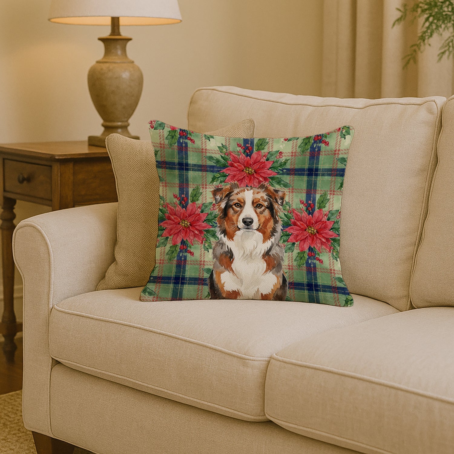 Red Merle Australian Shepherd Christmas PoinsettIas Decorative Throw Pillow 14x14 Indoor Outdoor Accent Cushion, Fabric Cover with Insert for Sofa, Bed, Porch & Living Room