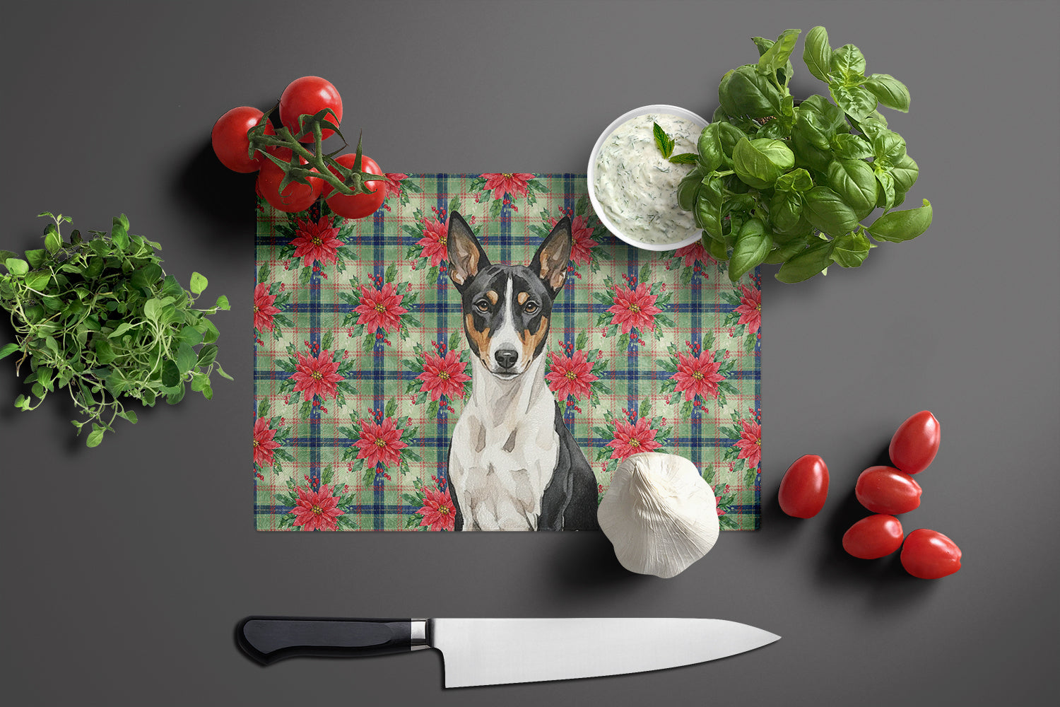 Black and White Basenji Christmas PoinsettIas Cutting Board Tempered Glass Kitchen Cutting Surface, Heat Resistant Chopping, Non-Slip Feet, Food Prep & Serving