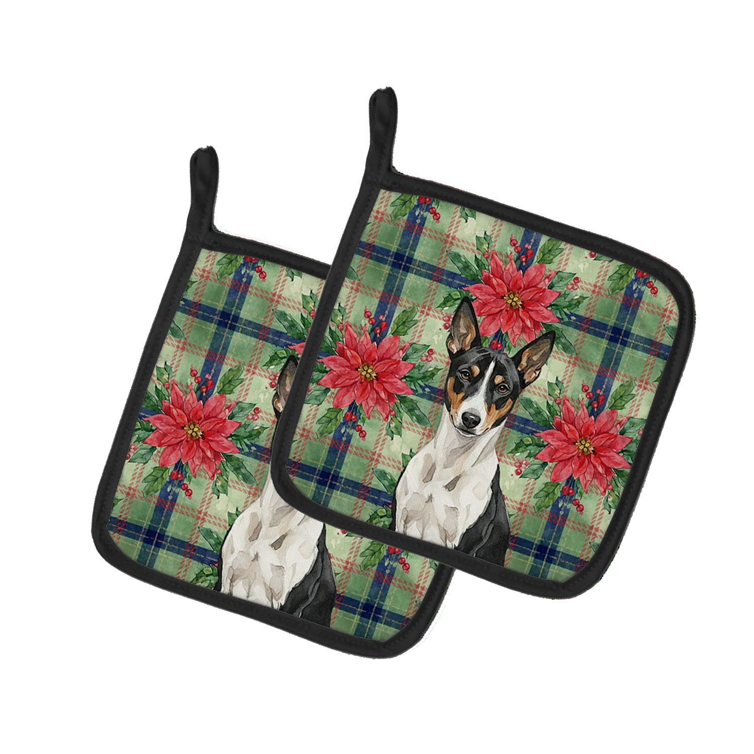 Black and White Basenji Christmas PoinsettIas Pot Holder Set of 2 Heat Resistant Quilted Hot Pads 7.5 x 7.5 Inch, Insulated Kitchen Trivets for Cooking & Baking