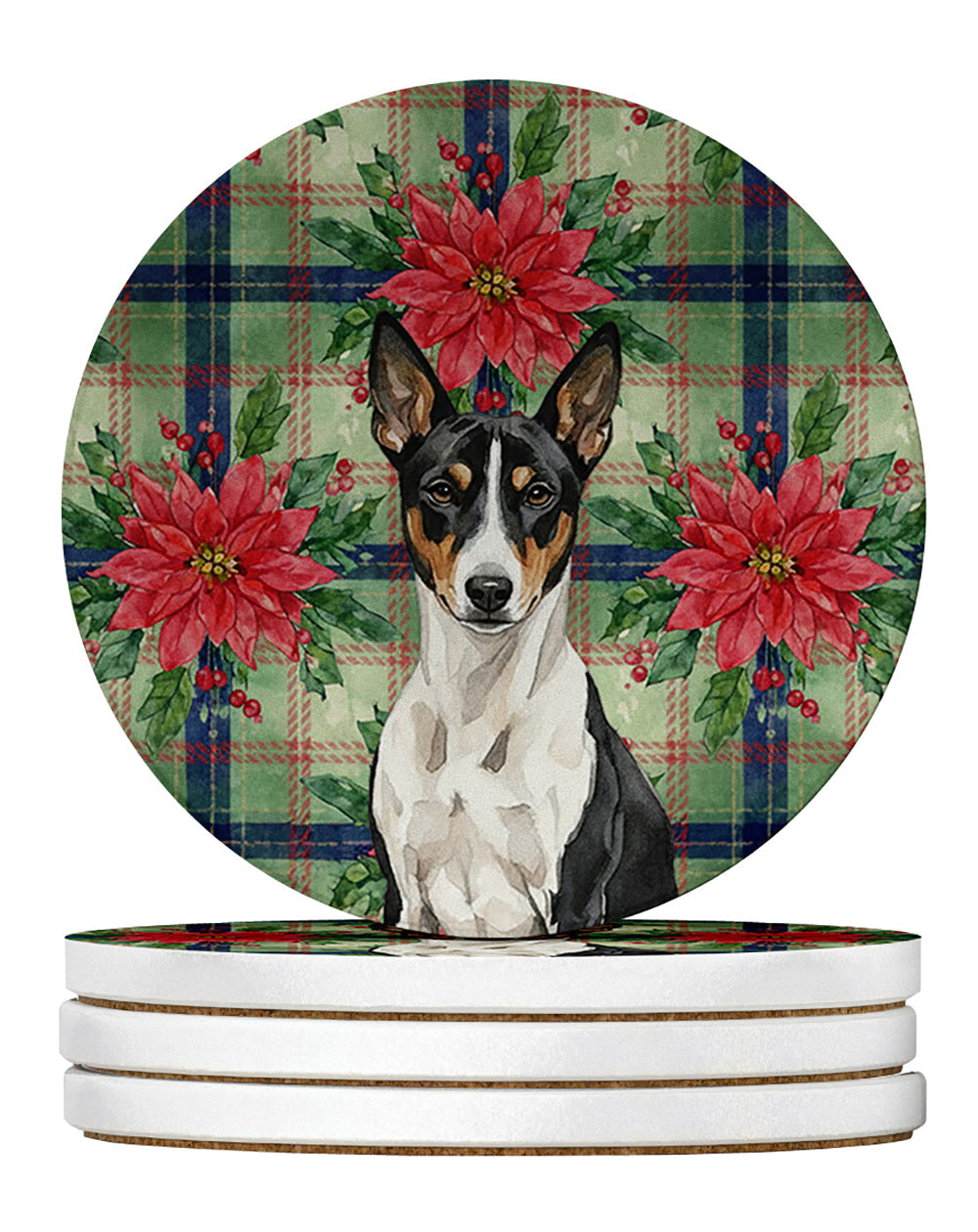 Black and White Basenji Christmas PoinsettIas Large Sandstone Coasters Pack of 4 Absorbent Round Coasters Decor Gifts for Men or Women, 4 in, Multicolor