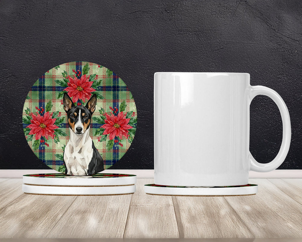 Black and White Basenji Christmas PoinsettIas Large Sandstone Coasters Pack of 4 Absorbent Round Coasters Decor Gifts for Men or Women, 4 in, Multicolor
