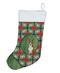 Brindle and White Basenji Christmas PoinsettIas Holiday Stocking Double-Sided Print, Polyester Suede,11x18, Made in USA