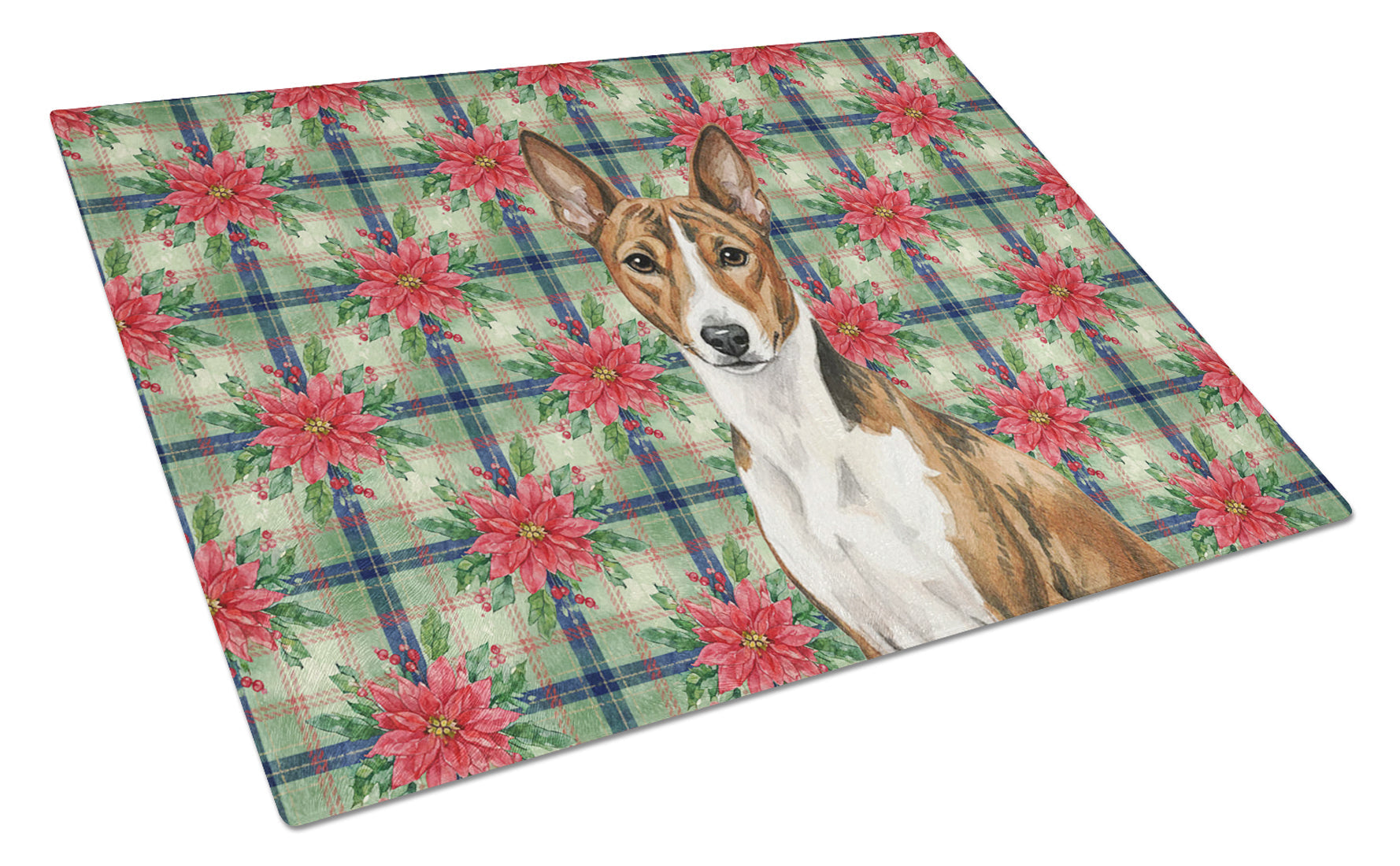 Brindle and White Basenji Christmas PoinsettIas Cutting Board Tempered Glass Kitchen Cutting Surface, Heat Resistant Chopping, Non-Slip Feet, Food Prep & Serving