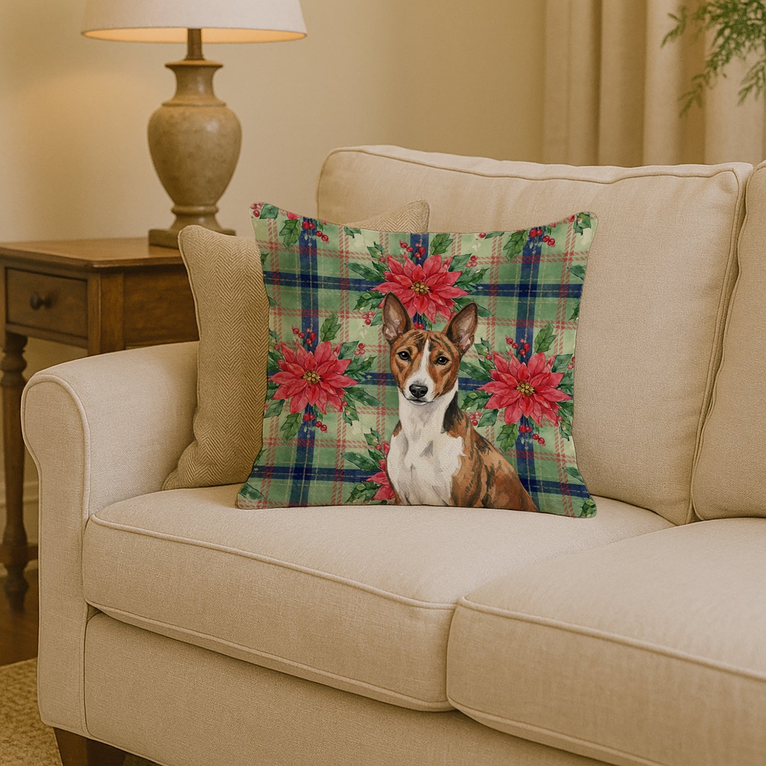 Brindle and White Basenji Christmas PoinsettIas Decorative Throw Pillow 14x14 Indoor Outdoor Accent Cushion, Fabric Cover with Insert for Sofa, Bed, Porch & Living Room