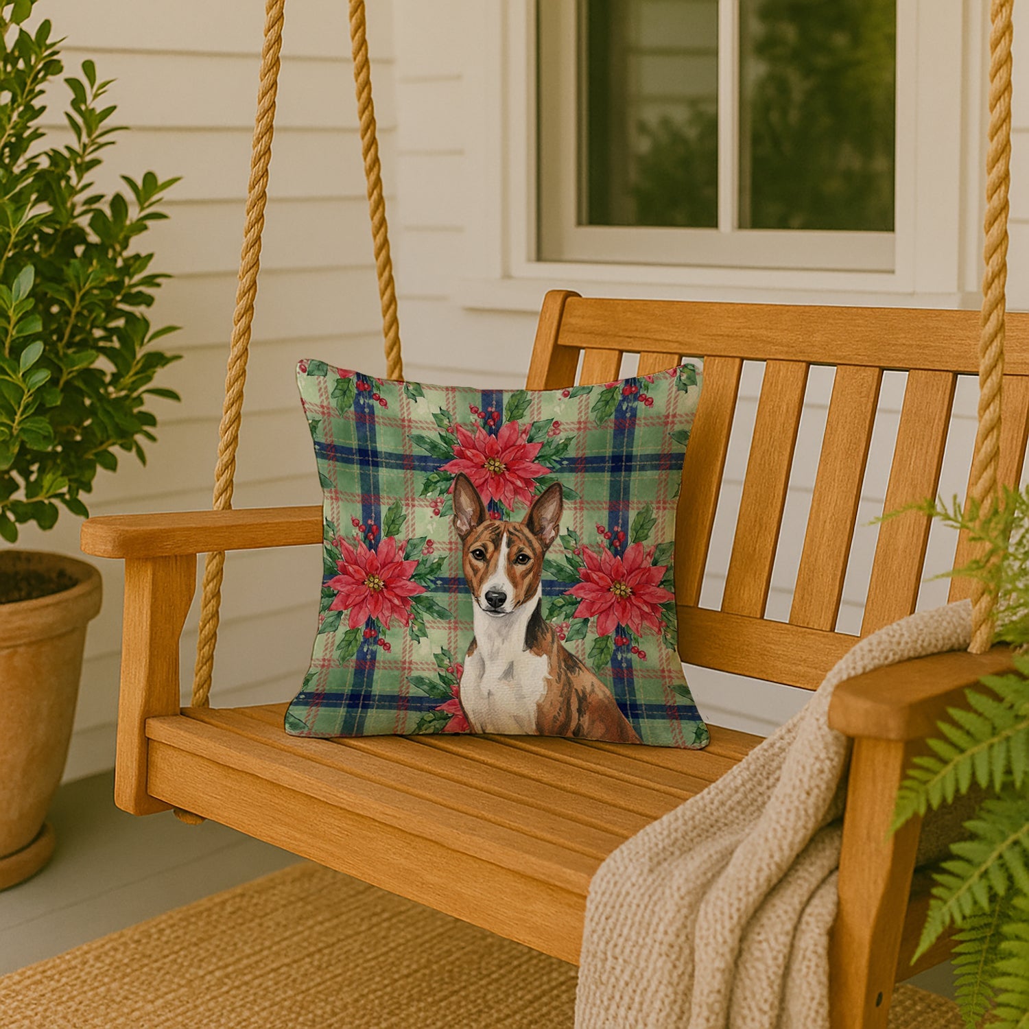 Brindle and White Basenji Christmas PoinsettIas Decorative Throw Pillow 18x18 Indoor Outdoor Accent Cushion, Fabric Cover with Insert for Sofa, Bed, Porch & Living Room